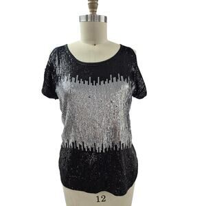 VTG INC international concepts Sequin front Cold Shoulder Top Black/Silver M